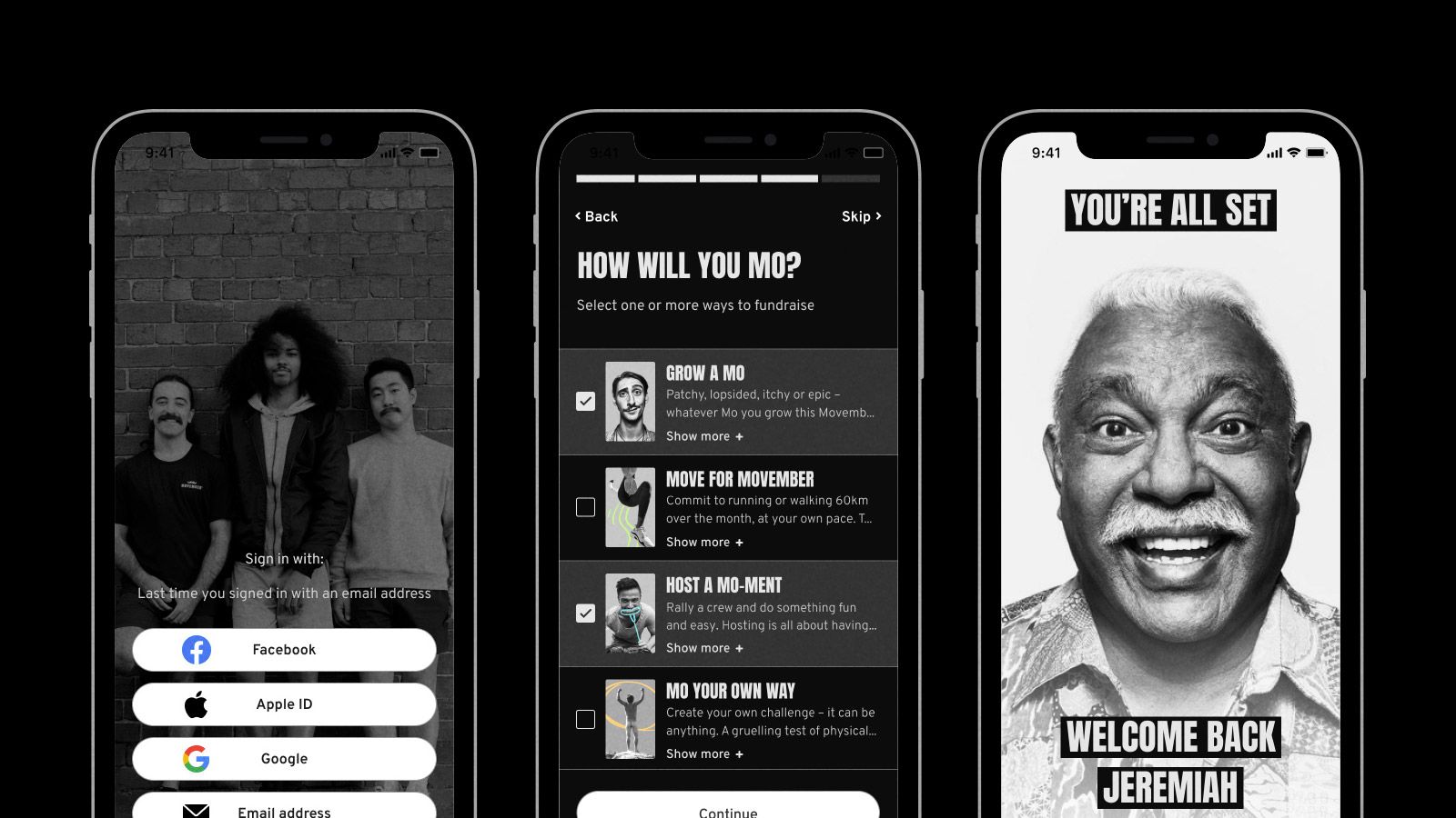 Three black and white screen captures of the Movember app.