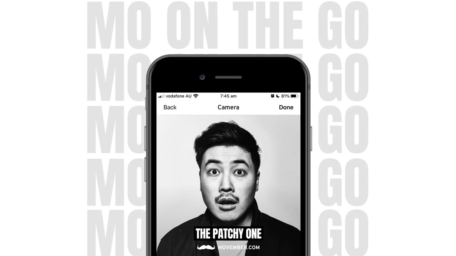 Black and white screen shot of Movember app