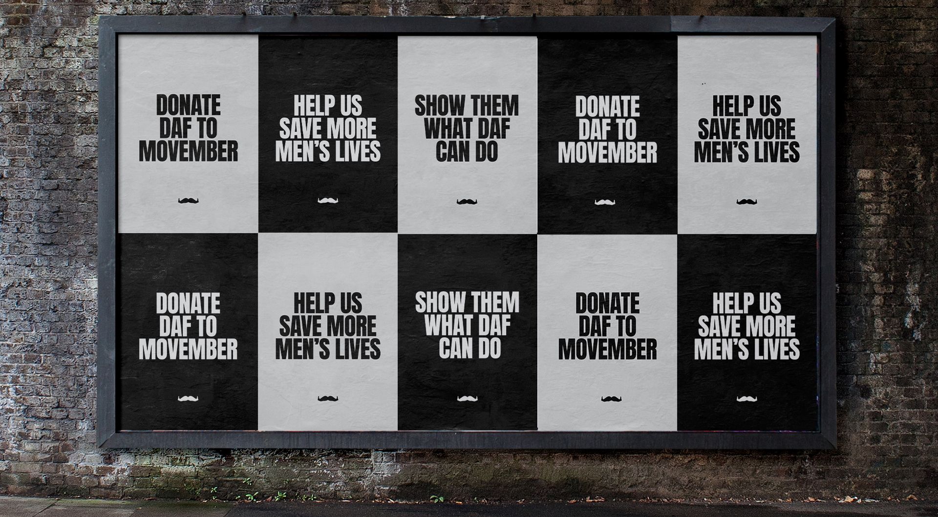 A wall with posters on it with various phrases related to DAF donations and Movember