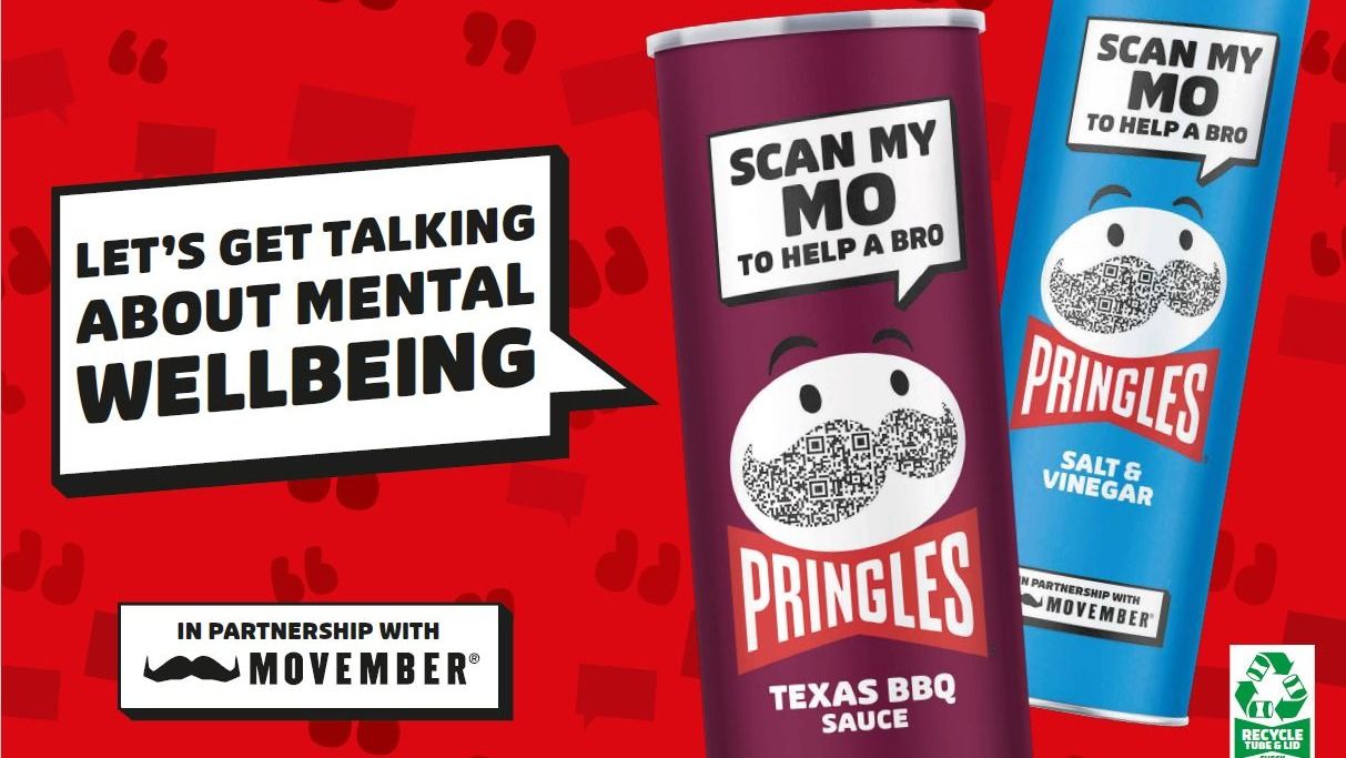 Image of cans of Pringles with QR code to Movember wellbeing programme