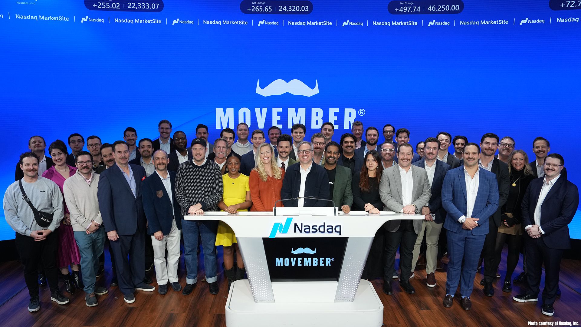 Photo of Movember personnel opening the NASDAQ exchange.