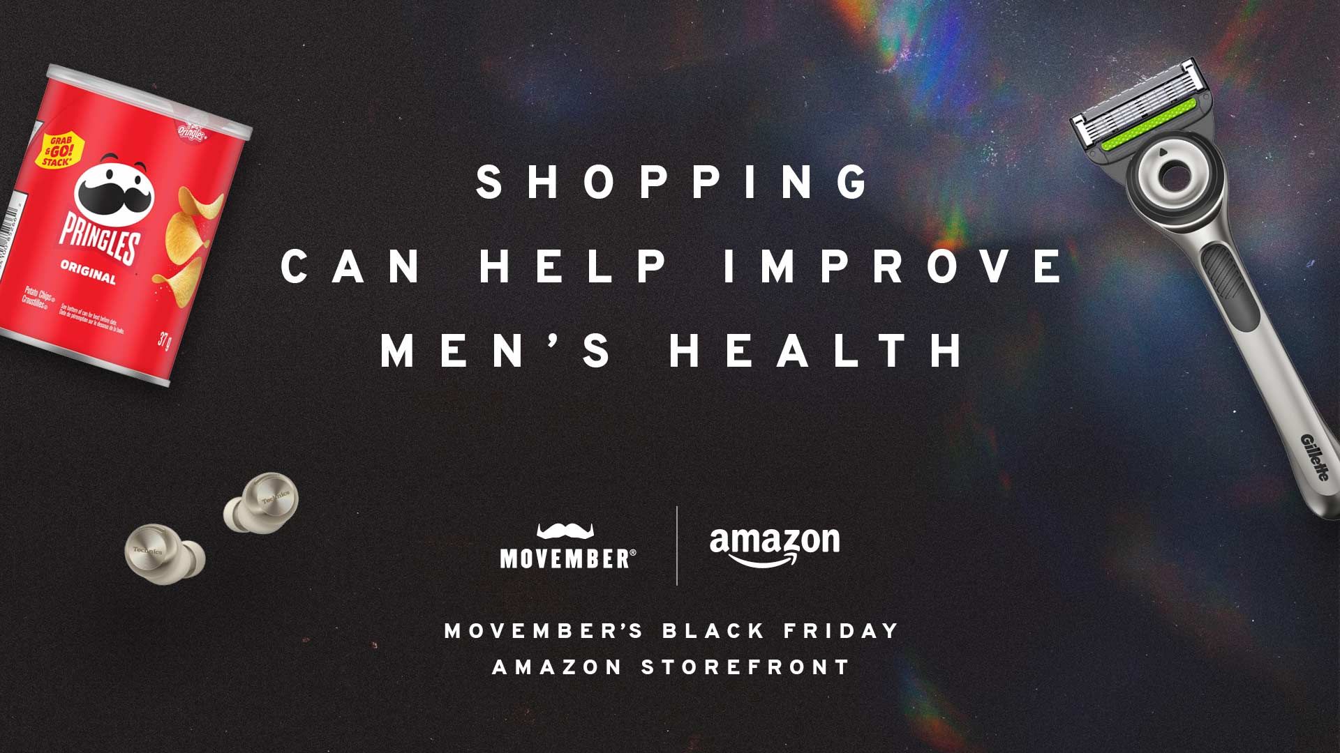 A graphic which says "Shopping can help improve men's health" promoting Movember's Black Friday Amazon storefront. 