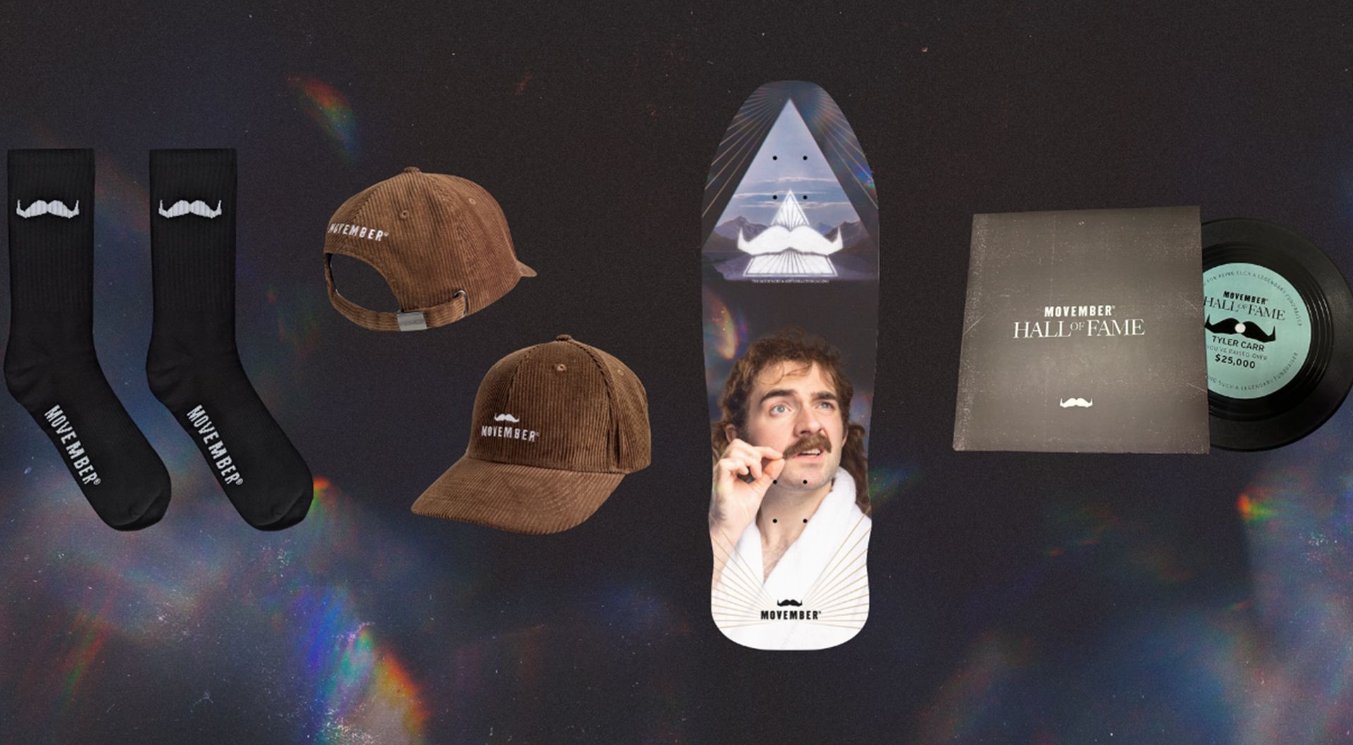 Stylized image showing a range of Movember-branded merchandise over a psychedelic background.