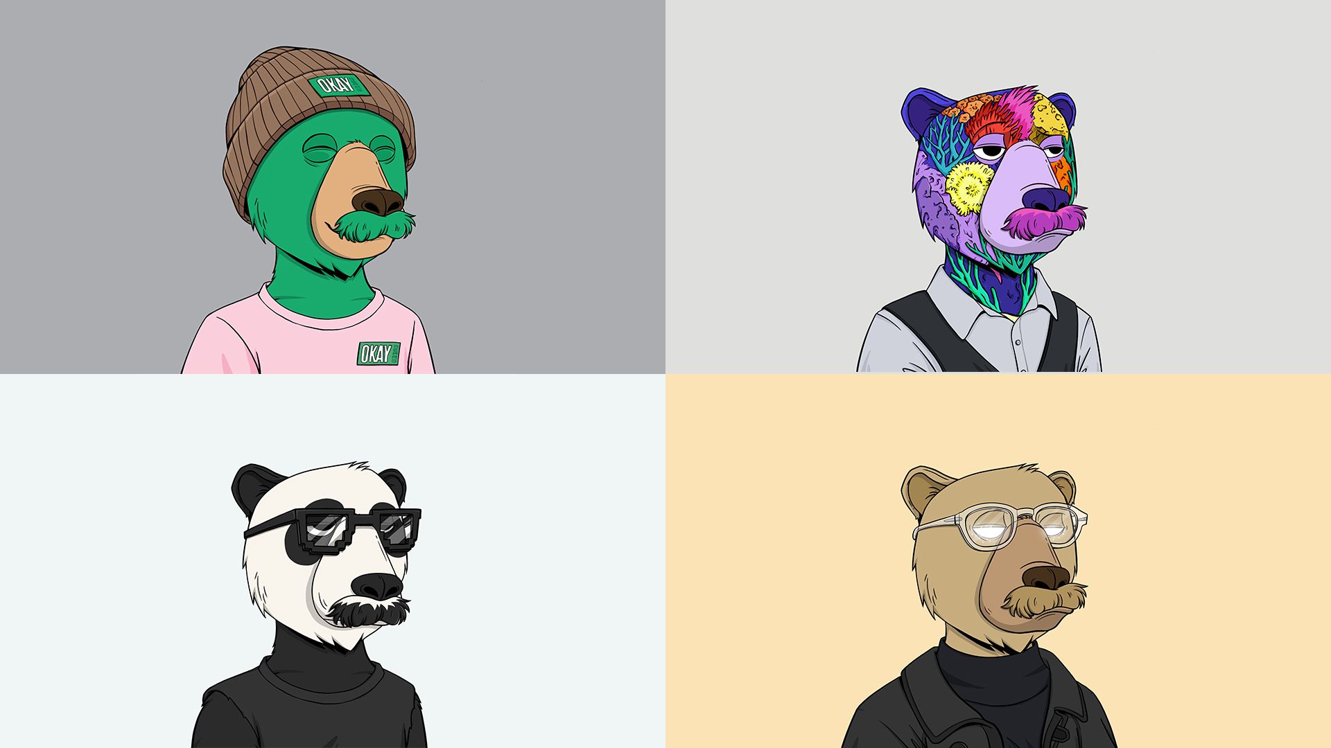 A collage of four Okay Bear NFTs with moustaches