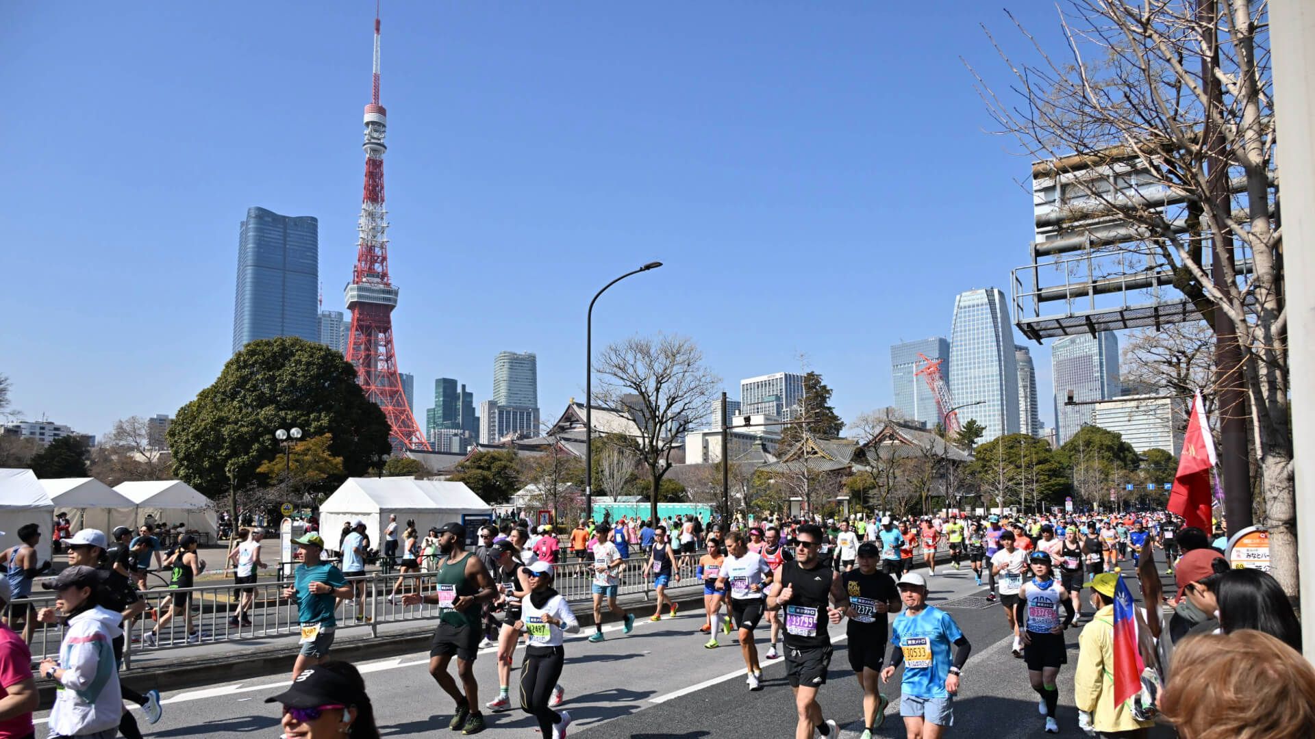 Tokyo Marathoners run past Tokyo Tower