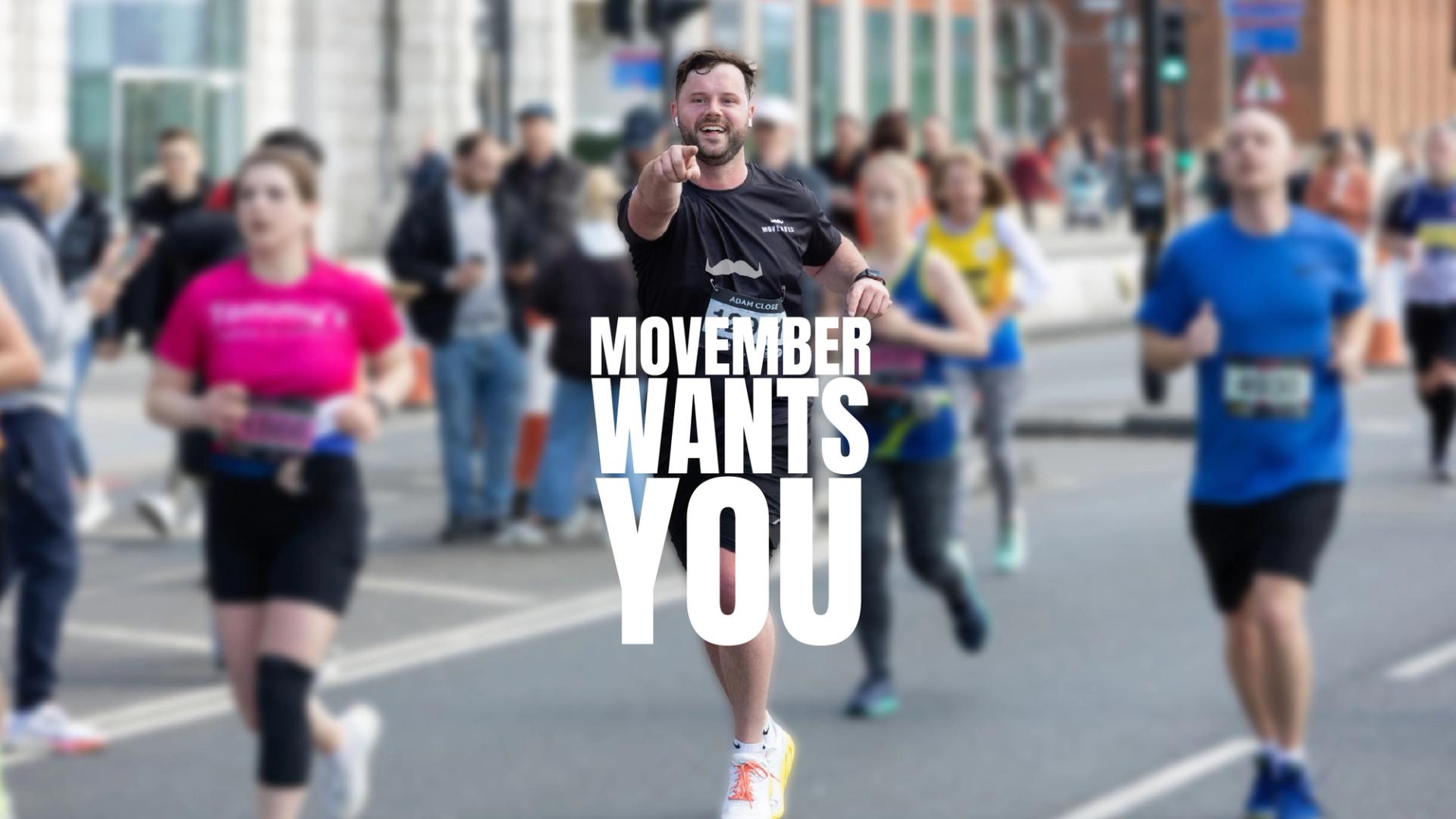 Marathon runner on street enthusiastically pointing to camera. A caption reads: "Movember wants you"