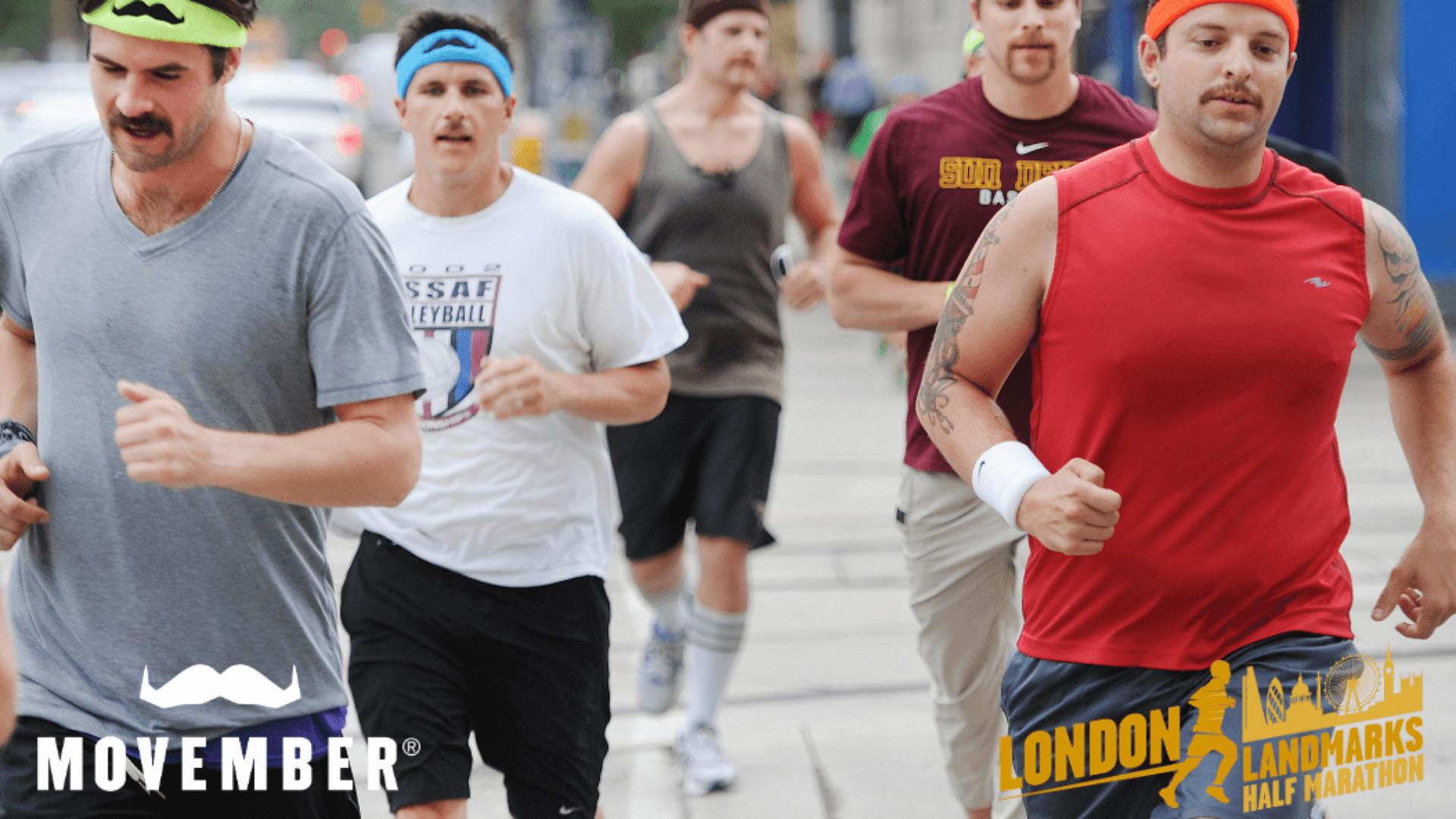 Men in Movember-branded attire running London Half Marathon.