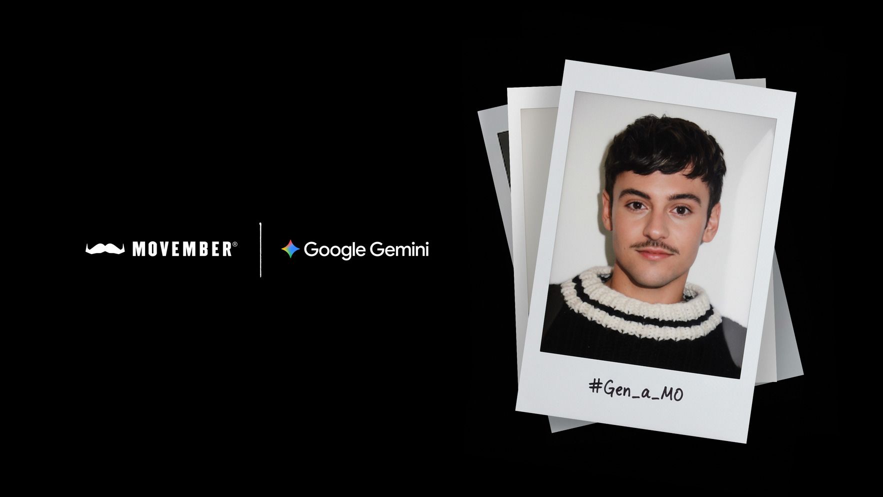 Logos and photo of someone with a AI generated moustache