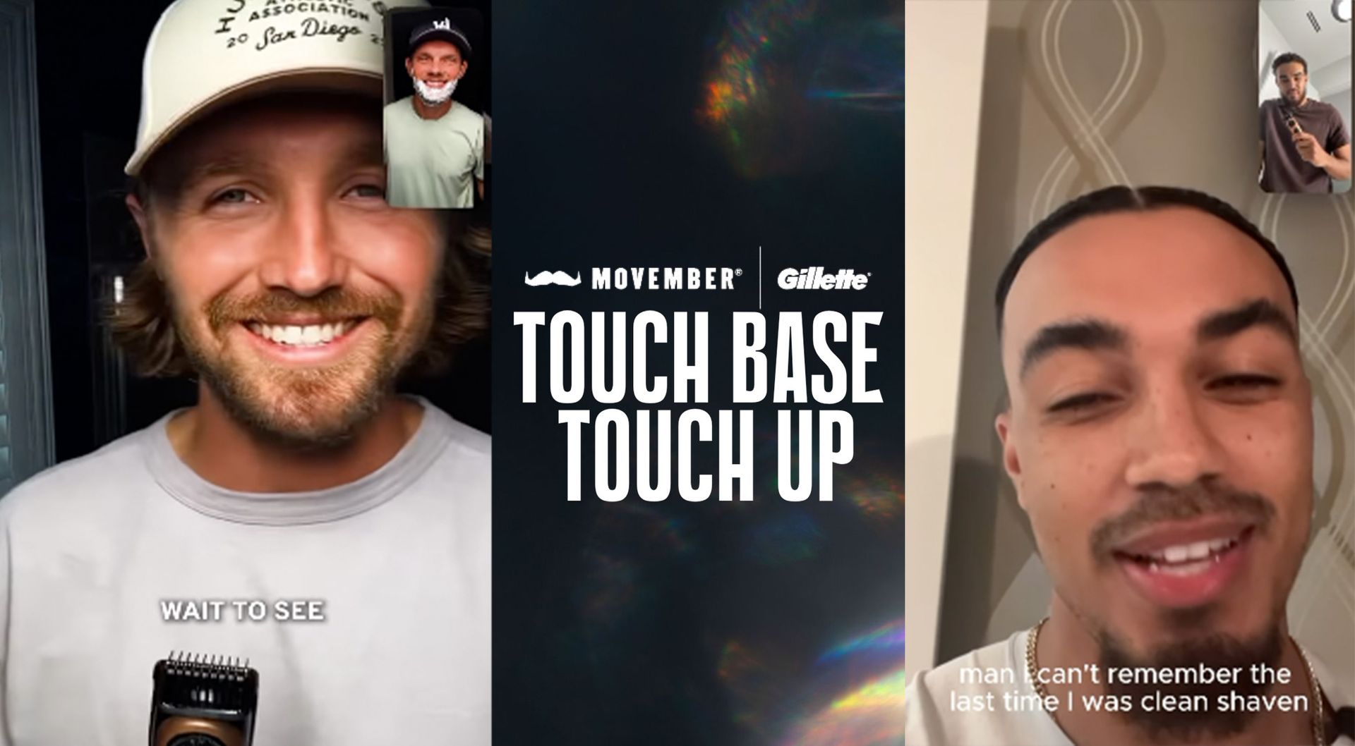 Photo of two men smiling to camera. Superimposed text reads: "Touch base, touch up".