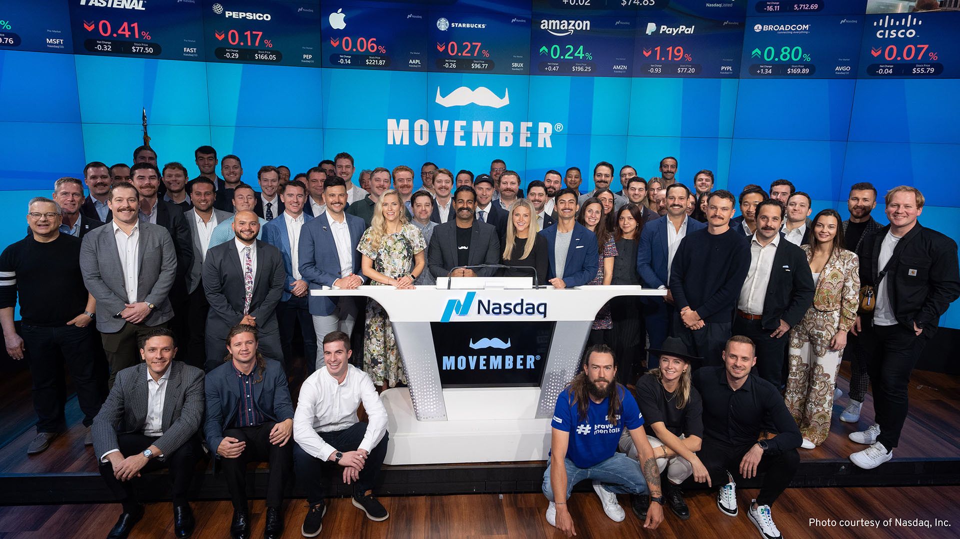 Photo of the Movember team, officials and traders opening NASDAQ.