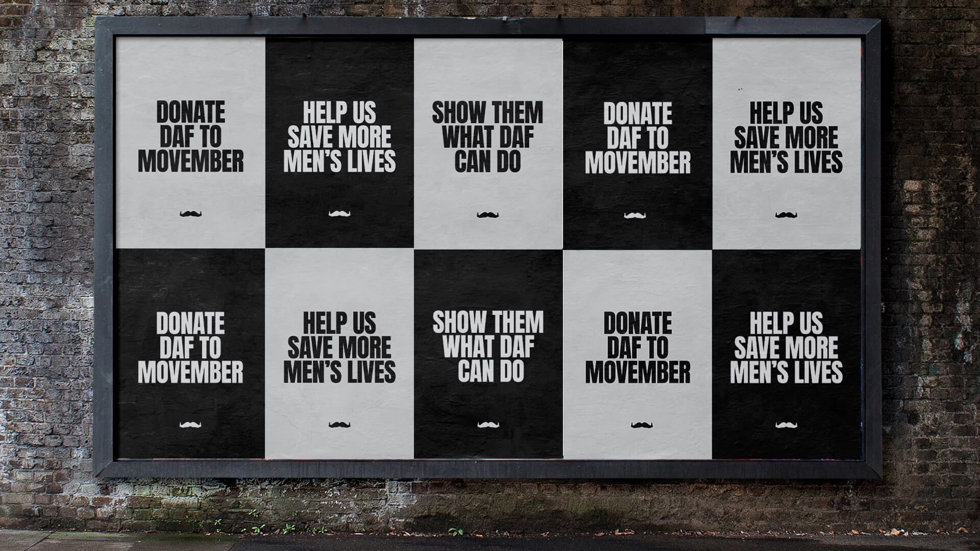 Image showing Movember-branded posters that promote donor-advised fund accounts.