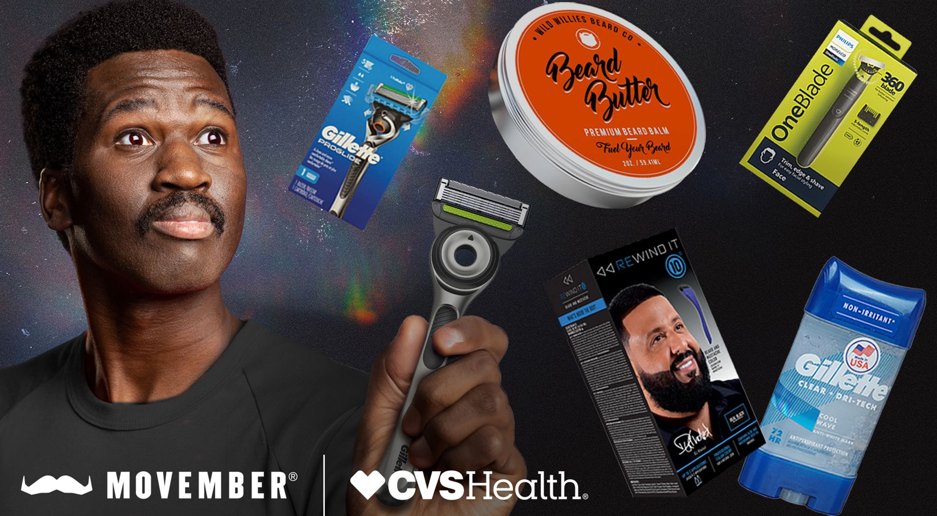 Stylised photo of a man with a mustache, with visibly superimposed men's healthcare products.