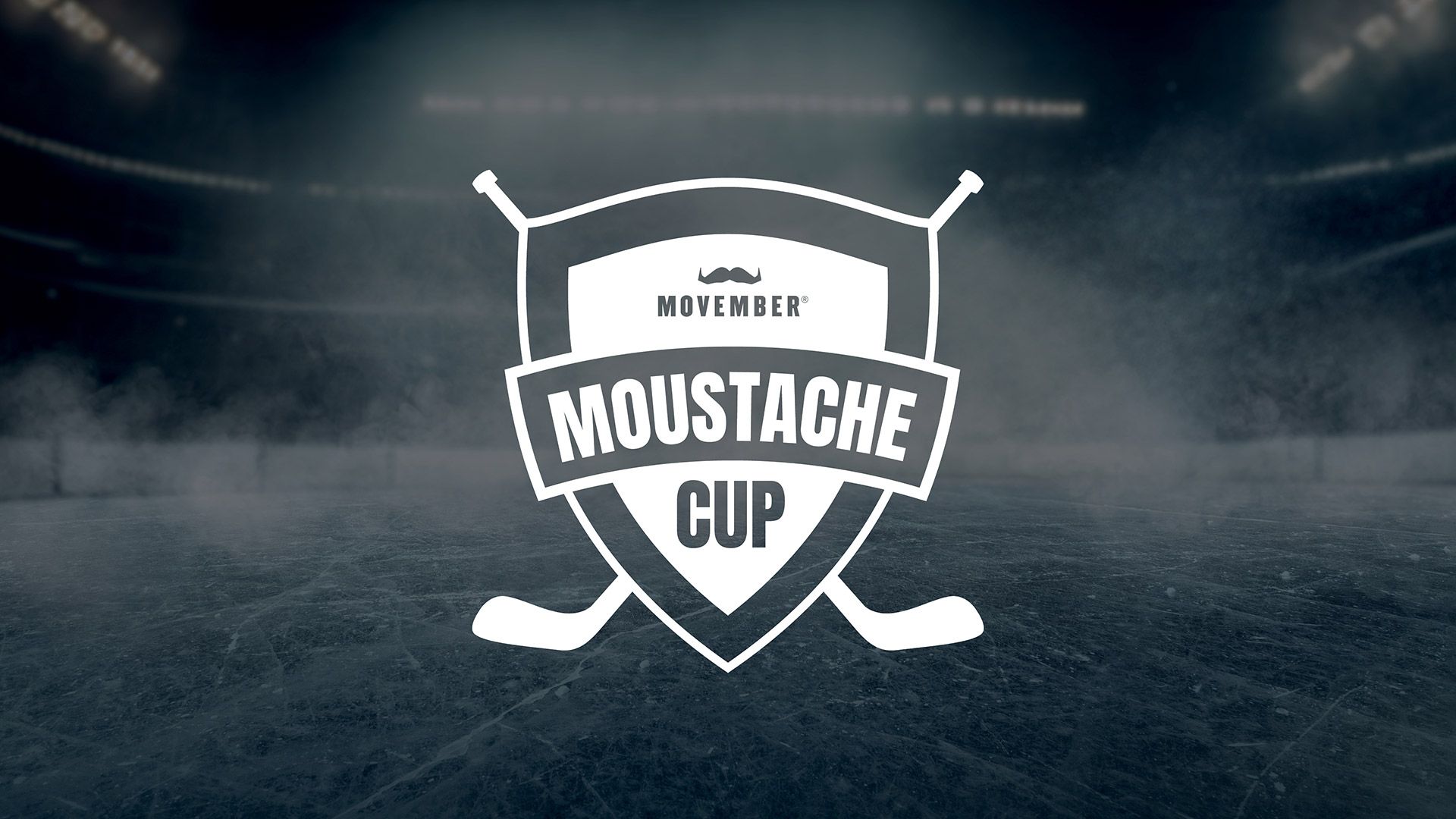 A logo that says "The Moustache Cup", with two hockey sticks and the Movember moustache, overlayed on a hockey rink