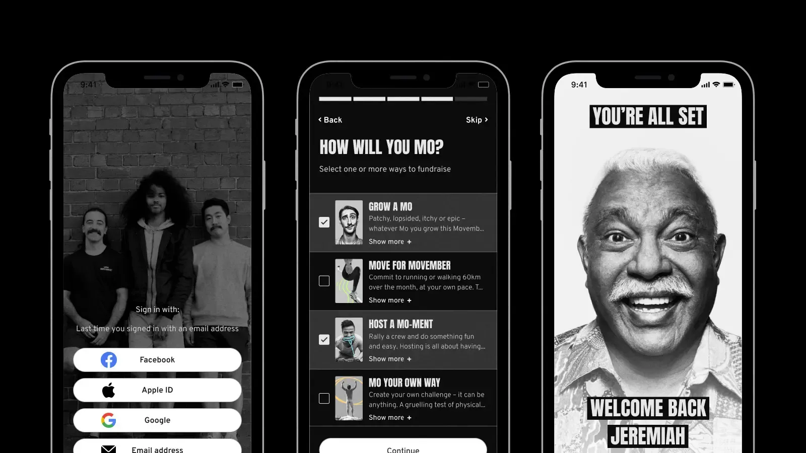 Three black and white images showing Movember app screen captures.