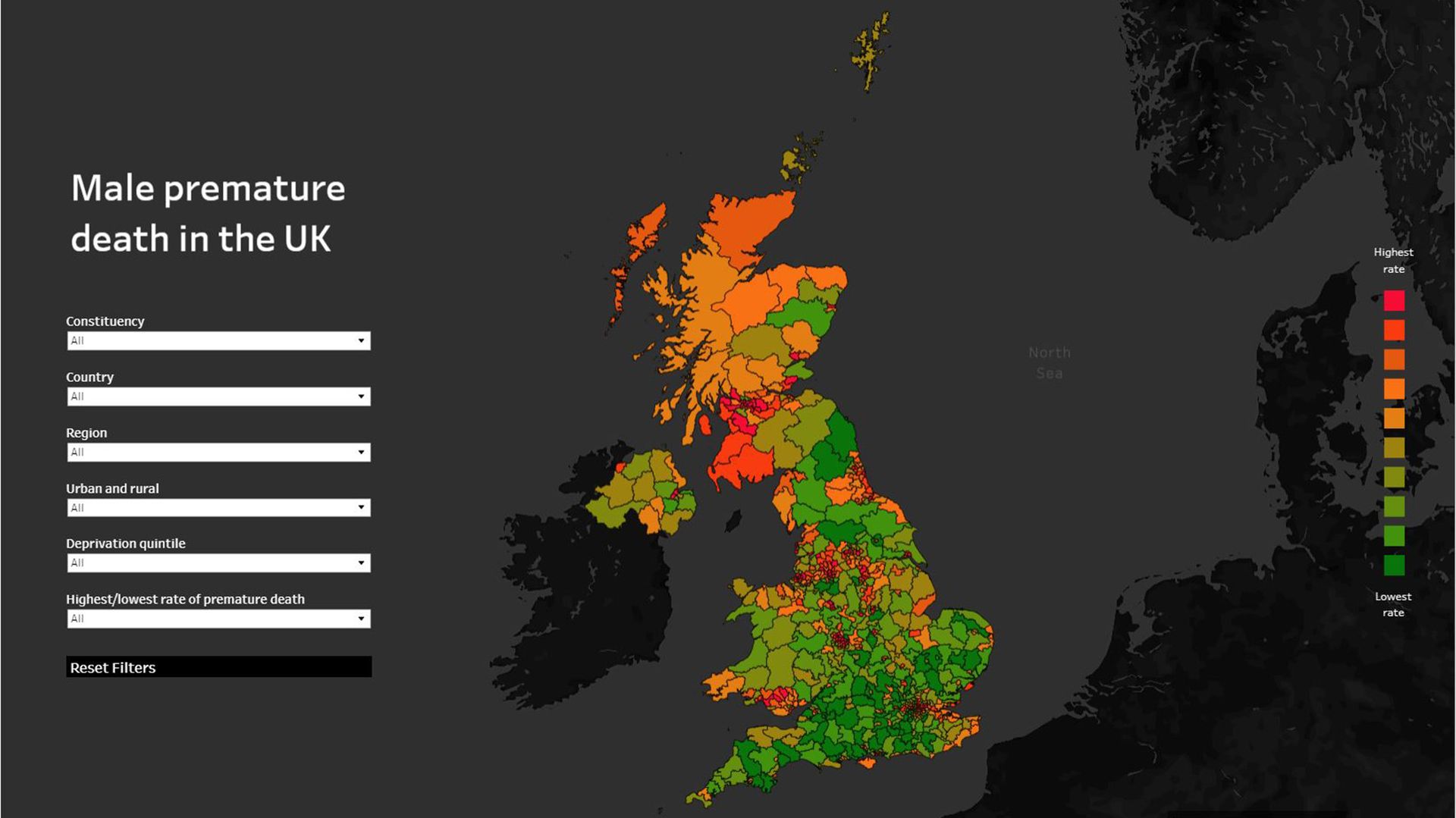 Colour-coded map of the United Kingdom showing male premature mortality rates across constituencies.