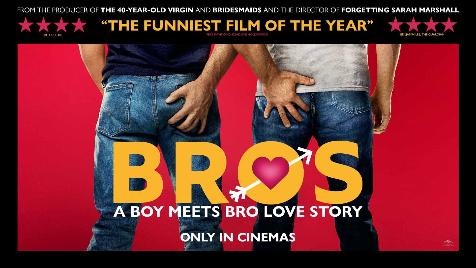 Promotional poster for the film 'Bros'. A caption reads: "A boy meets bro love story"