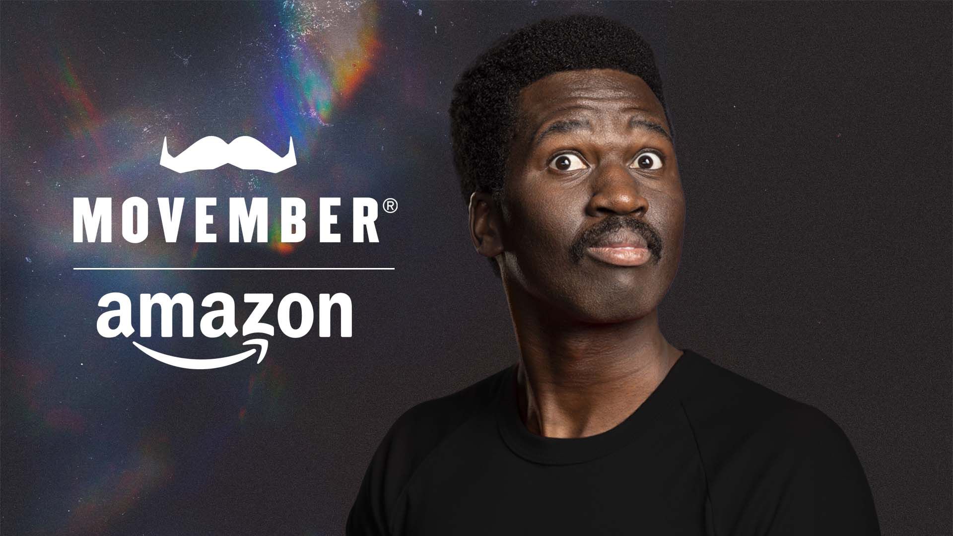 Stylised photo of a man with a superb moustache looking to camera. The words "Movember" and "Amazon" are superimposed over a starry background.