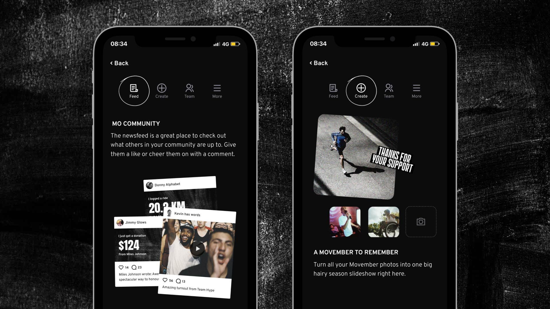 Image of different Movember app phone screens used in conjunction with fitness apps.
