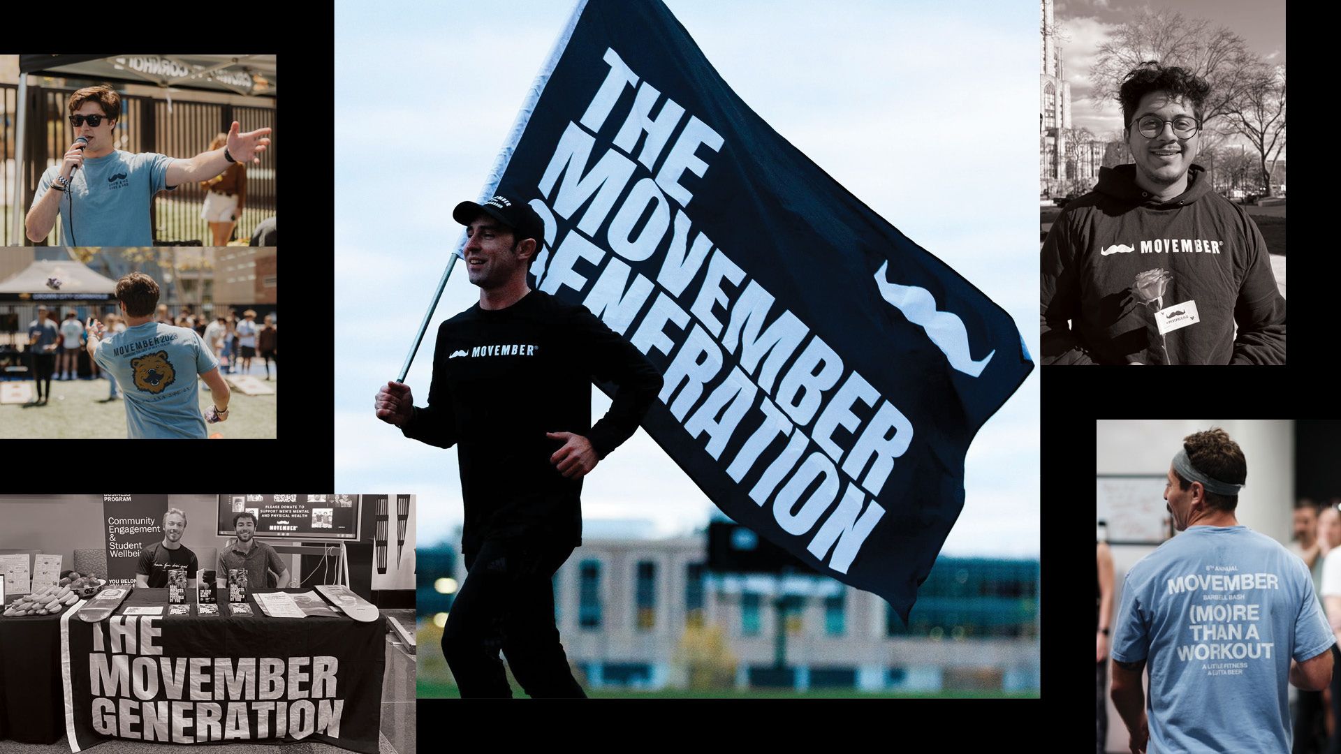 Photo collage of Movember ambassadors, enthusiastically promoting Movember.