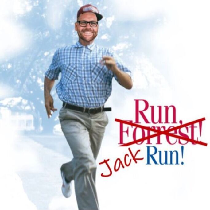 Image of Movember fundraiser, Jack Newman, running and stylised to look like a Forrest Gump promotional poster.