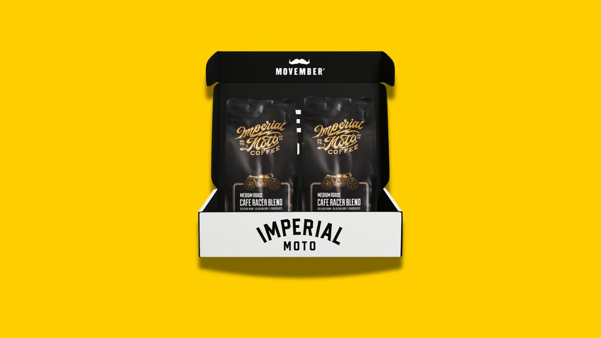 Movember and Imperial Moto branded box with bags of coffee in the box