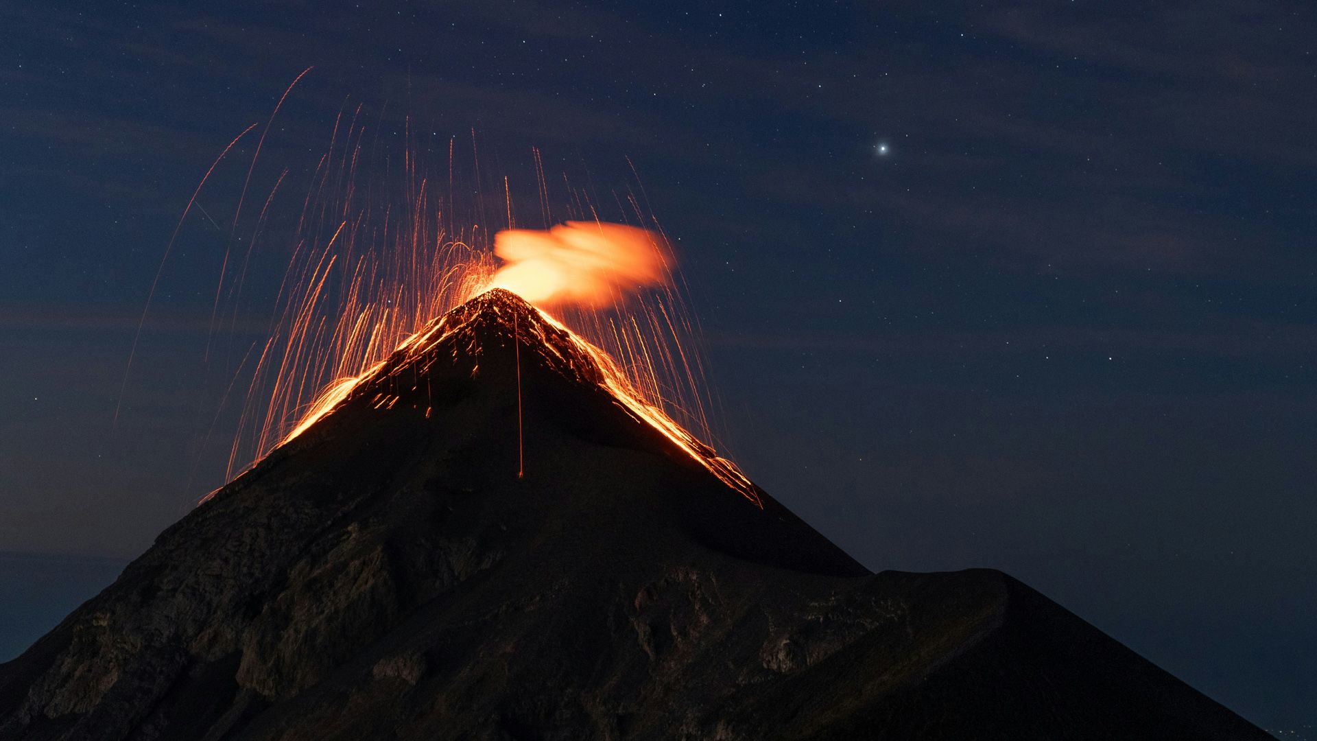 Fuego Volcano in Guatemala erupting at nighttime
