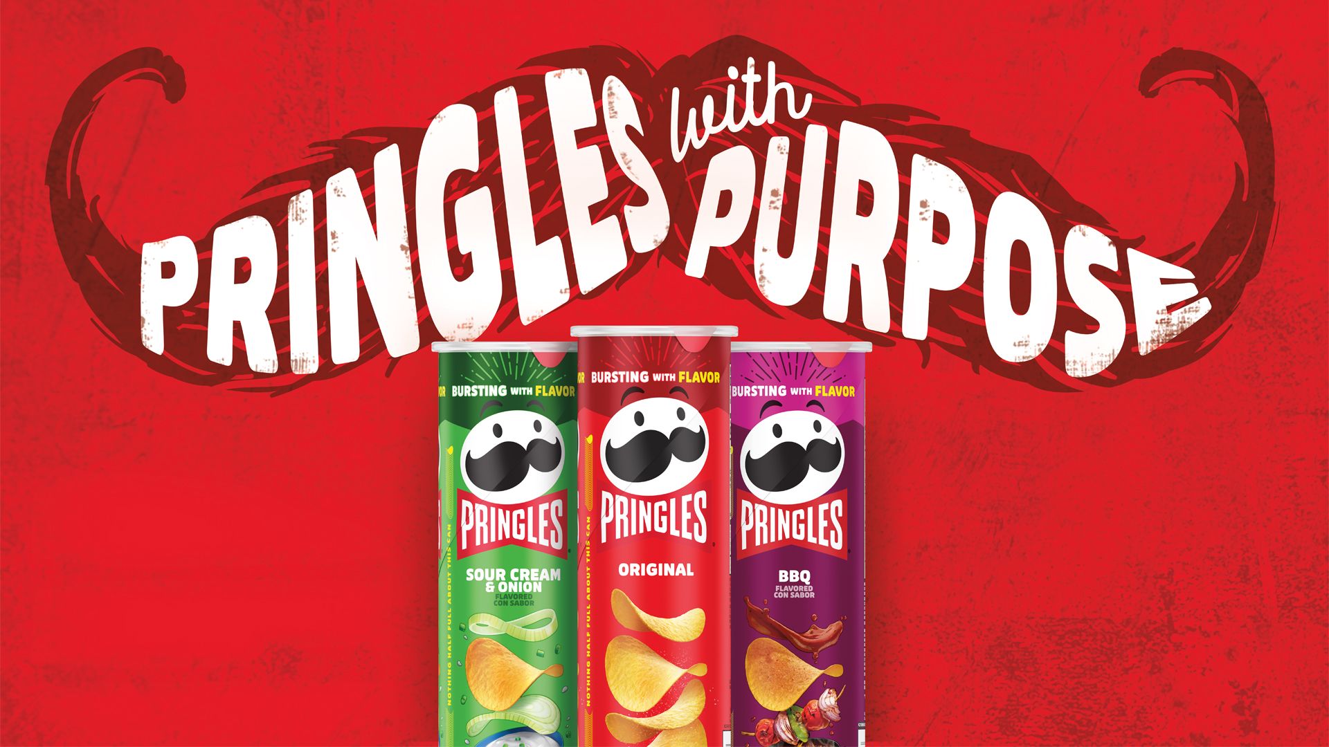 Text on top of a large red moustache reads "Pringles with Purpose", with 3 cans of Pringles below