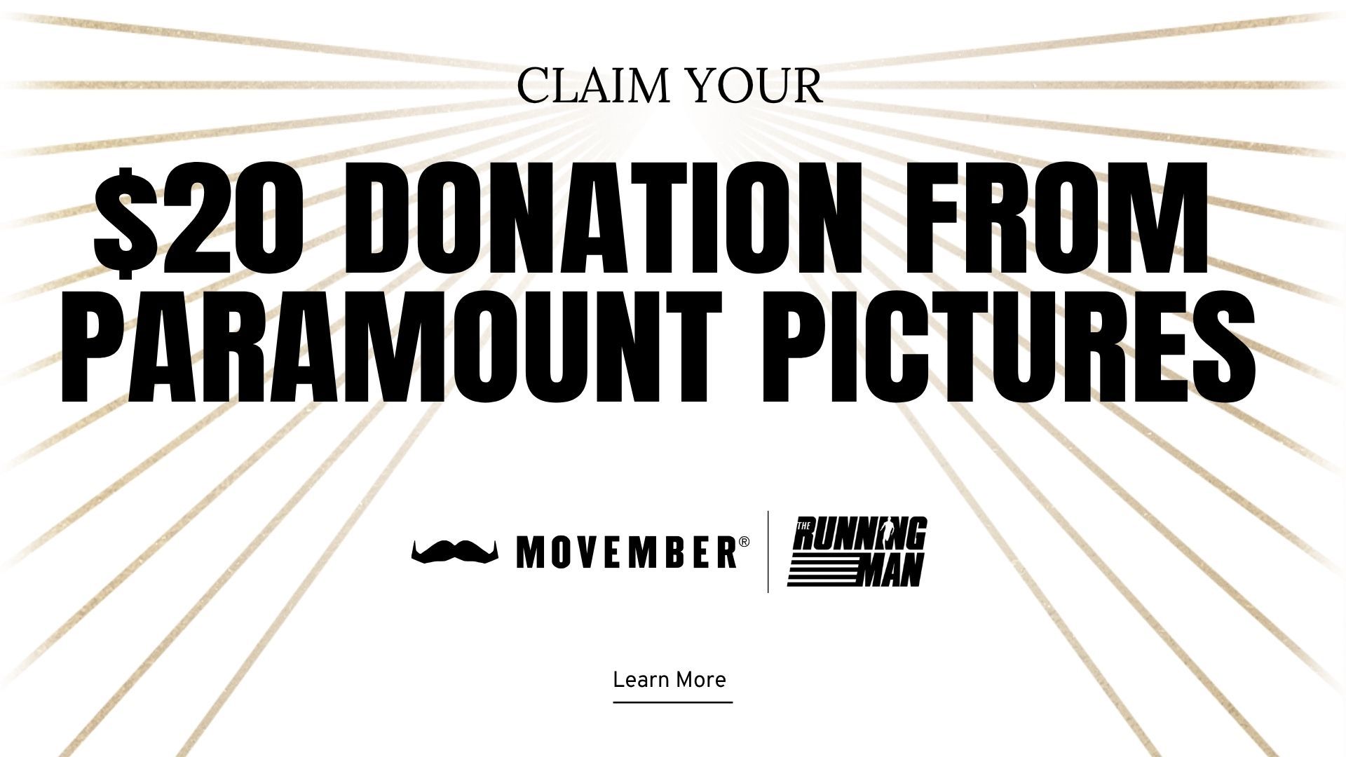 Graphic that says "Claim your $20 donation from Paramount Pictures". The logos for Movember and the 2025 The Running Man movie are also shown.