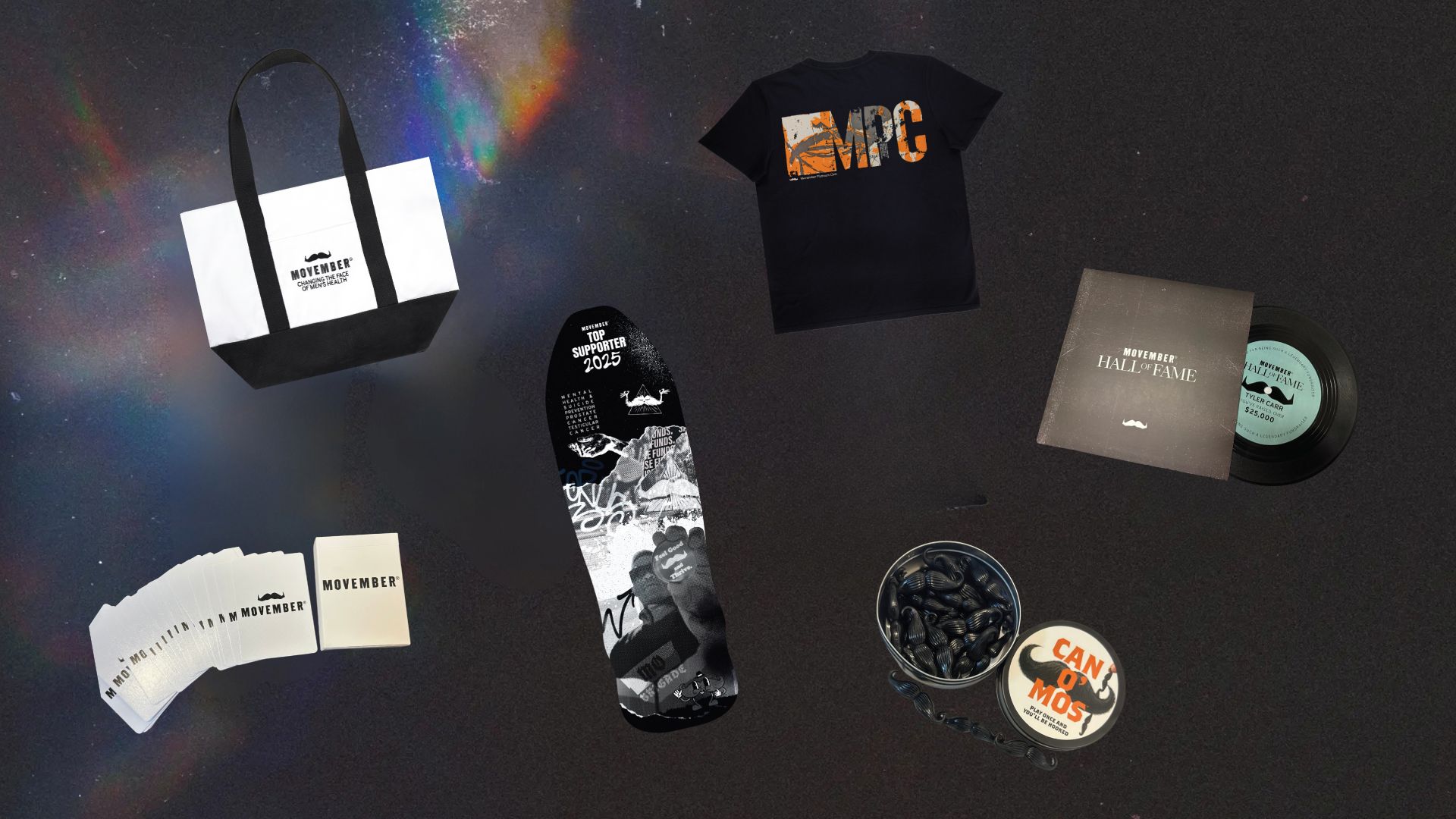 an arrangement of Movember branded items