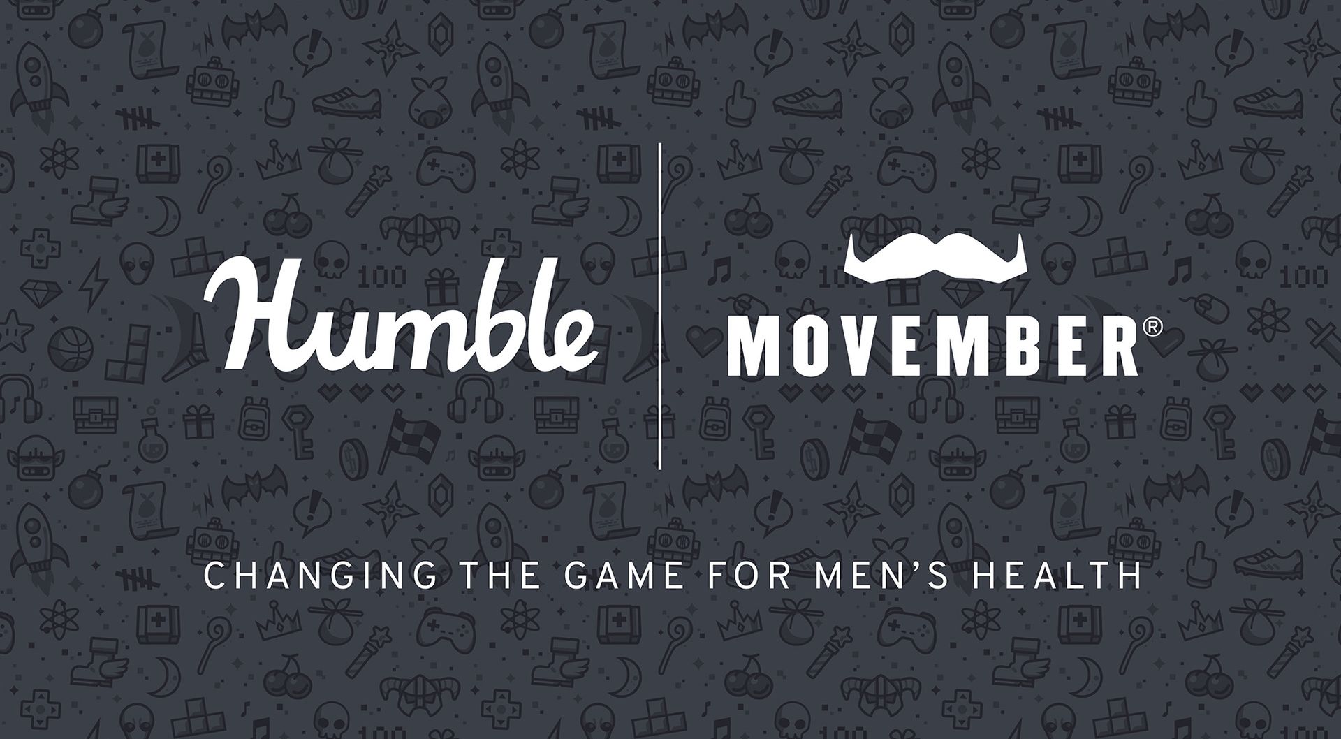 Logo lockup of Humble Games logo and Movember logo with gaming pattern in the background