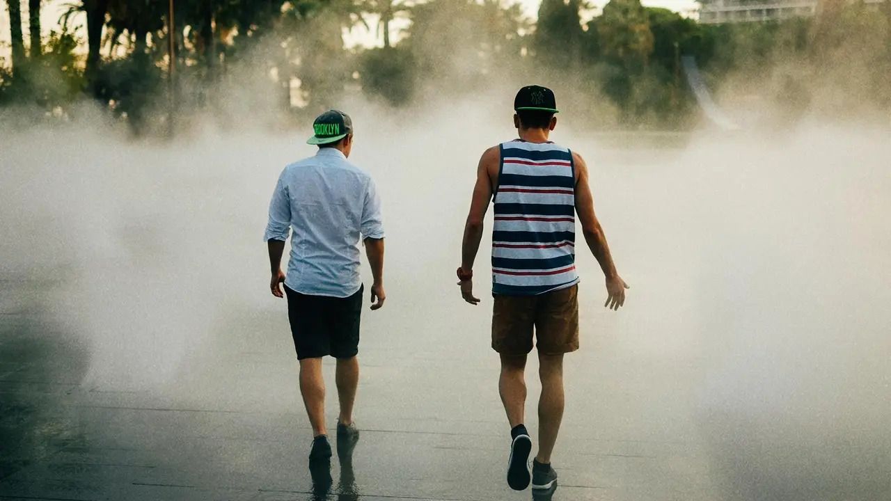 Photo of two boys walking together outside.